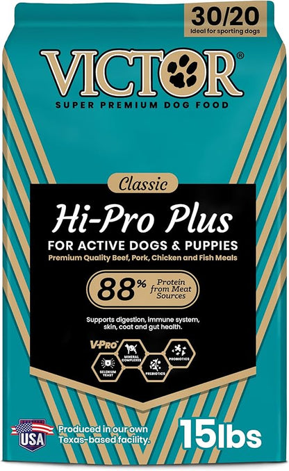 VICTOR Super Premium Dog Food – Hi-Pro Plus Dry Kibble – High Protein Dog Food with 30% Protein – Beef, Chicken, Pork, Fish Meals, Gluten Free - for High Energy and Active Dogs & Puppies, 15lbs
