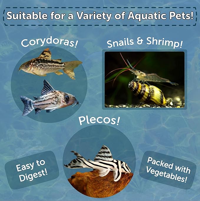 Aquatic Foods Inc. 8mm - 1/3" Small Sinking Wafers of Spirulina, Algae for Bottom Fish, Plecos, Catfish, Shrimp, Snails, Crabs, All Tropical Fish, 4-Type Wafer & 12-Type Pellet Mix Included...10oz