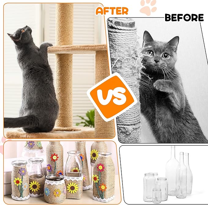 328FT/100M Cat Scratching Sisal Rope, 6mm Thick Natural Jute Rope for Scratch Posts, Cat Trees, DIY Projects, Sisal Rope for Scratcher with 2 Mouse Toys (Natural, 328ft)