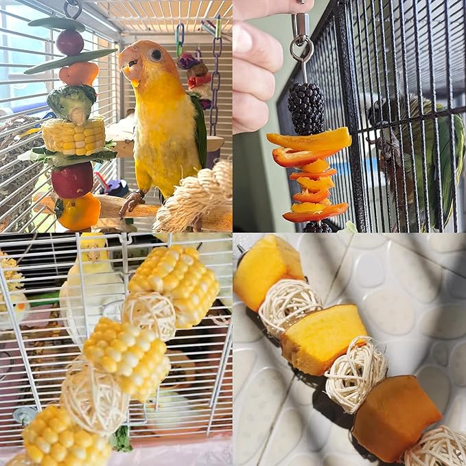 2pcs Bird Skewer Food Holder Parrot Fruit Skewer Feeder Stainless Steel Vegetable Stick Small Animal Foraging Parrot Cage Toy Hanging Holder(26cm / 10 in) (Parrot Fruit Skewe, Medium)