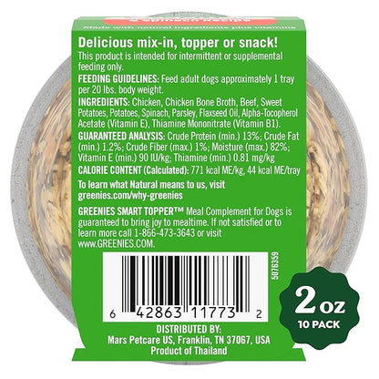 Greenies Smart Topper High Protein Wet Mix-in for Dogs, Chicken, Beef, Sweet Potatoes, Potatoes & Spinach Recipe in Vitabroth Broth- Bone Broth + Vitamins E & B1, 10 Count