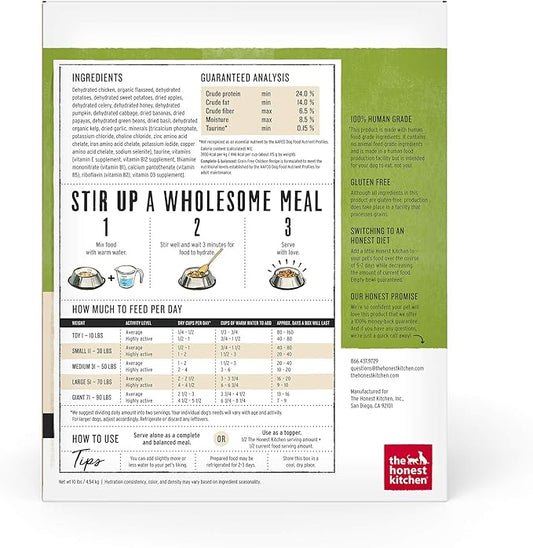 The Honest Kitchen Human Grade Dehydrated Grain Free Dog Food - Complete & Balanced Meal or Topper - Chicken 10 Pound (makes 40 Pounds)