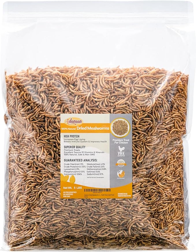 Adaman Dried Mealworms -5 LBS- 100% Natural High Protein Mealworms - Bulk Meal Worms for Blue Birds, Chickens, Ducks - Best Chicken Treats, Bird Food, Turtle Food