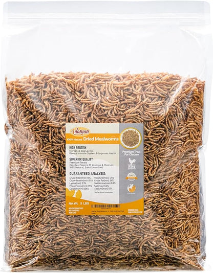 Adaman Dried Mealworms -5 LBS- 100% Natural High Protein Mealworms - Bulk Meal Worms for Blue Birds, Chickens, Ducks - Best Chicken Treats, Bird Food, Turtle Food