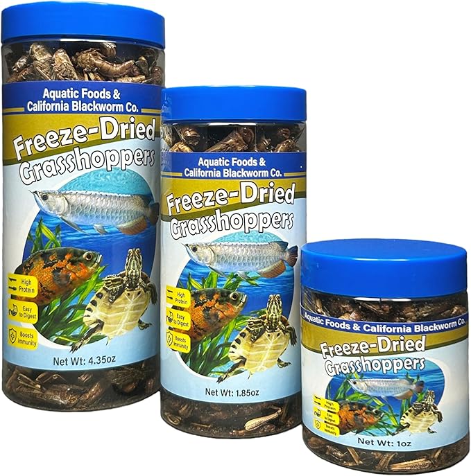 Aquatic Foods Inc. Grasshoppers, Freeze Dried Grasshoppers for Large Tropical Fish, Monster Fish, Reptiles, Turtles, Tortoises, Frogs, Hamsters, Birds, Rodents 2.3oz Canister