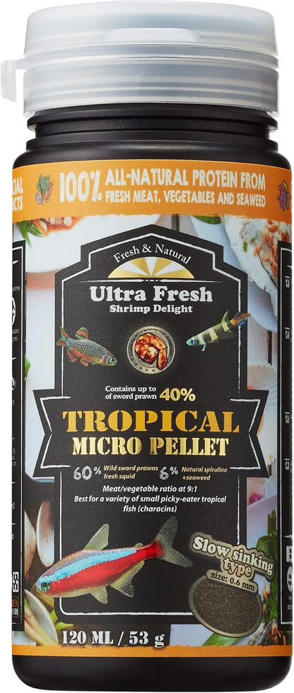 Ultra Fresh Tetra Fish Food, Slow Sinking, All Natural Ingredients, Wild Sword Prawns, Spirulina, Color Enhancement, Small Granules , Tropical Micro Pellet 1.87 oz