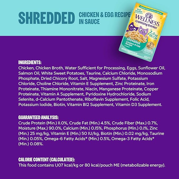 Wellness Appetizing Entrées Shredded, Adult Wet Cat Food, Natural, Protein-Rich, Grain-Free, 2.8 Ounce Pouch, 8 Pack, (Chicken & Egg Recipe)