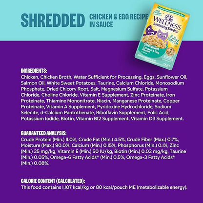 Wellness Appetizing Entrées Shredded, Adult Wet Cat Food, Natural, Protein-Rich, Grain-Free, 2.8 Ounce Pouch, 8 Pack, (Chicken & Egg Recipe)