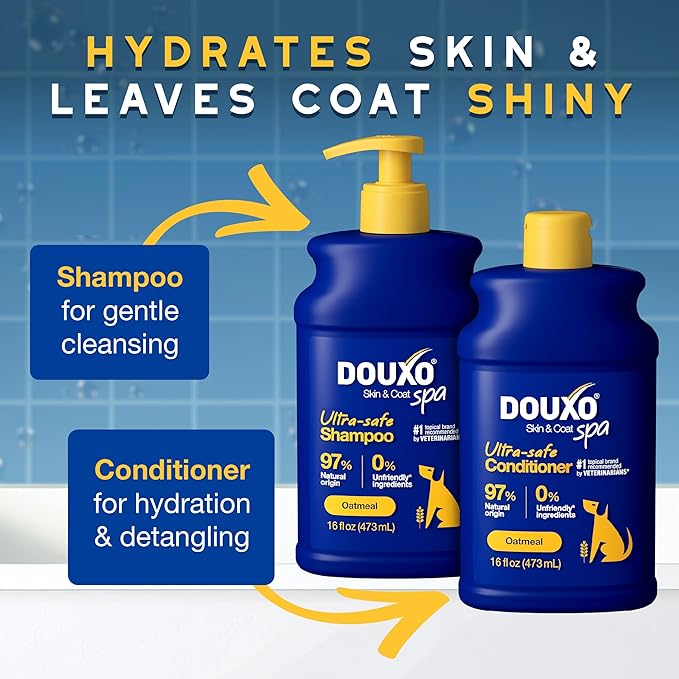DOUXO® Skin & Coat SPA – Ultra-Safe Combo for Dogs, Oatmeal Shampoo (16 fl oz, Cleanses & Hydrates) + Oatmeal Conditioner (16 fl oz, Hydrates & Detangles)
