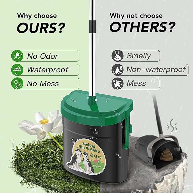 UPSKY Dog Pooper Scooper Swivel Bin & Rake Kit with 100 Waste Bags,33.4" Stainless Steel Long Handle Heavy Duty Pet Poop Shovel for Large Medium Small Dogs, Odor-Proof Lid for Yard/Lawn/Outdoor Use