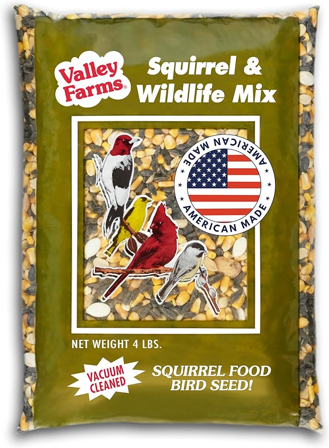 Valley Farms Squirrel & Wildlife Mix (4 LB) Wildlife Food and Wild Bird Food, Bird Seed for Squirrel Chipmunks & Deer, Peanuts, Black Oil Sunflower & Corn