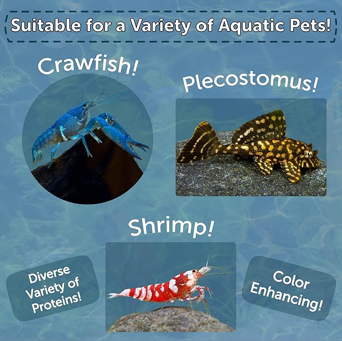 Aquatic Foods Inc. 4-Type 12mm - 1/2" Sinking Wafer Mix of Spirulina-Algae, Ultra-Worm, Shrimp, Color Enhancing for Shrimp, Snails, Crabs, Crayfish, Bottom Fish, 12-Type Pellet Mix Included 6.0oz