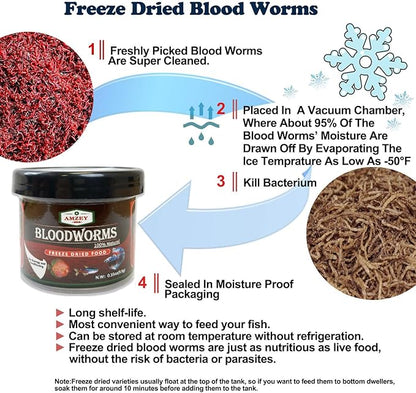 Amzey Blood Worms 0.35oz -100% Natural Freeze Dried Blood Worms - Aquarium Fish Food - High Protein Food for Betta Fish, Food for Goldfish, Cichlid, Guppy, Discus, Turtle