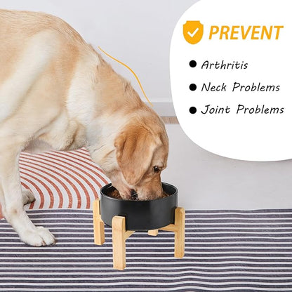 6'' Ceramic Raised Dog Bowl - 30Oz Dog Food & Water Bowl with Elevated Non-Slip Bamboo Stand, Dishwasher & Microwave Safe, Anti Vomiting Heavy Duty Pet Bowl for Small and Medium Dogs, Black