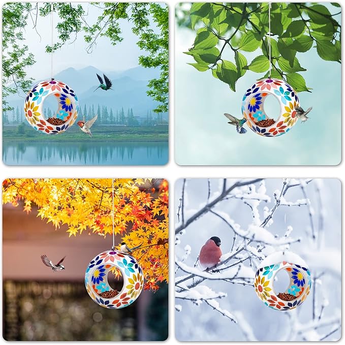 VCUTEKA Bird Feeder Mosaic Fly Through Bird Feeders for Outside Hanging with Round Shape Glass Container to Attract More Wild Birds for Garden, Yard, Backyard, Deck and Porch Decor, 7-Inch