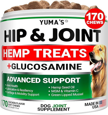 YUMA'S Hemp Hip and Joint Supplement for Dogs - Glucosamine for Dogs - 170 Joint Pain Relief Chews - Chondroitin, MSM - Hemp Oil - Advanced Canine Health Supplement - Mobility Support Treats