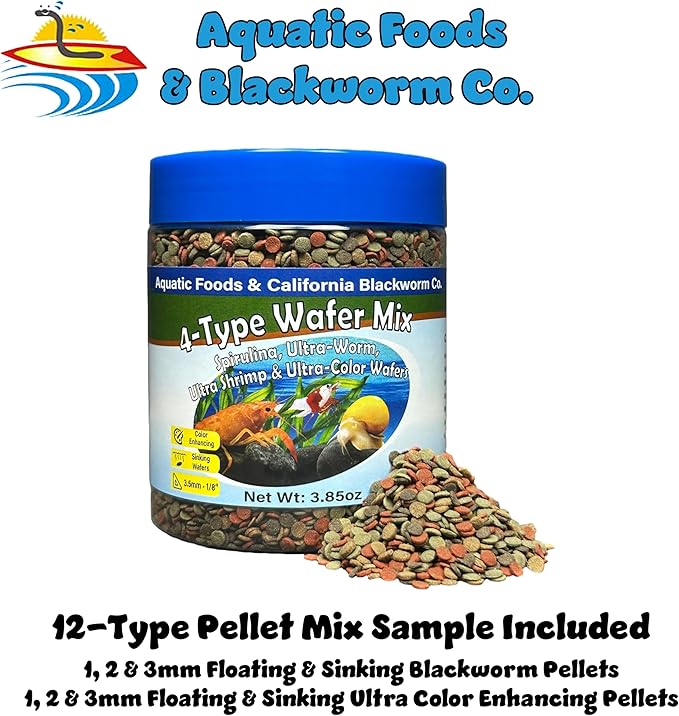 Aquatic Foods Inc. 4-Type 3.5mm - 1/8" Sinking Wafer Mix of Spirulina-Algae, Ultra-Worm, Ultra-Shrimp, Color Enhancing Wafers for Shrimp, Snails, Crabs, Crayfish, All Tropical Fish, 3.5mm..5oz