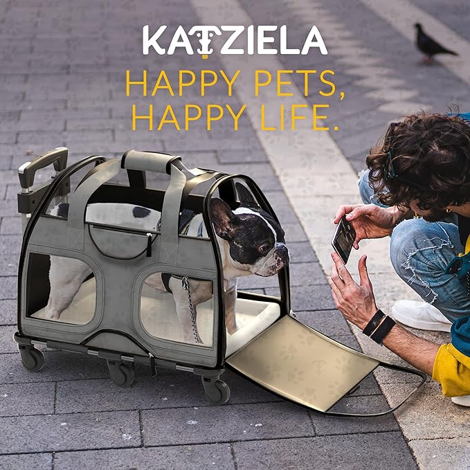 Katziela Rolling Pet Carrier for Small Dogs & Cats – Airline Compliant Soft-Sided Travel Bag with Removable Wheels, Telescopic Handle & Mesh Top (Gray/Black)