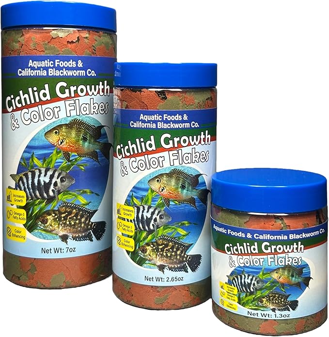 Aquatic Foods Inc. Cichlid Green Growth & Red Color Enhancing Flakes for Cichlids, Central & South American Cichlids, 4-Type Wafer Mix & 12-Type Pellet Mix Included...2.65oz Canister