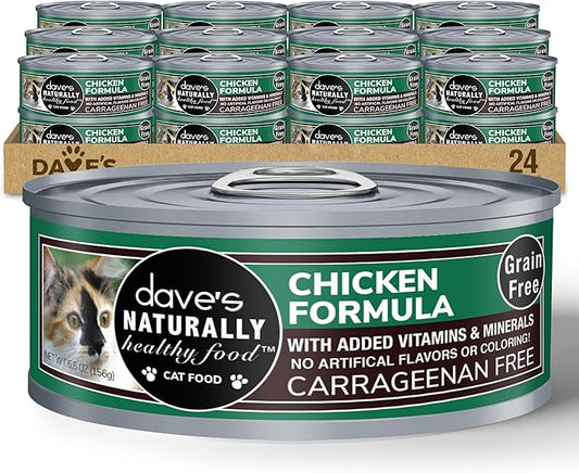 Dave's Pet Food Grain Free Wet Cat Food Pate (Chicken Formula), Made in USA Naturally Healthy Canned, Added Vitamins & Minerals, 5.5 oz Cans (24 Pack)