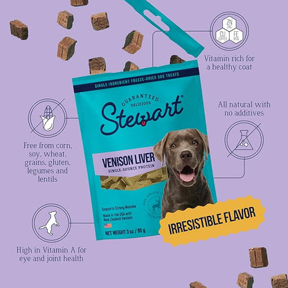 Stewart Single Ingredient Freeze Dried Raw Dog Treats, Venison Liver, 3 Ounce, Approx. 50 Pieces per Resealable Pouch, Training Treats or Meal Topper, High Protein, Grain-Free, Gluten-Free