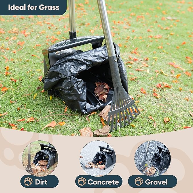 Stainless Steel Dog Pooper Scooper,40" Long Handle Swivel Bin, Rake and Spade,20 Waste Bags & Hook - Heavy Duty Portable Metal Poop Scooper for Large,Medium and Small Dogs