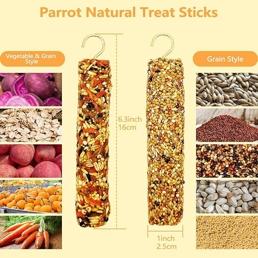 2PCS Parakeet Treat,Natural Parrots Treat Sticks,Vegetable & Grain Style Sticks,Bird Treats for Cockatiel Lovebirds Budgies Canary Finches Conure