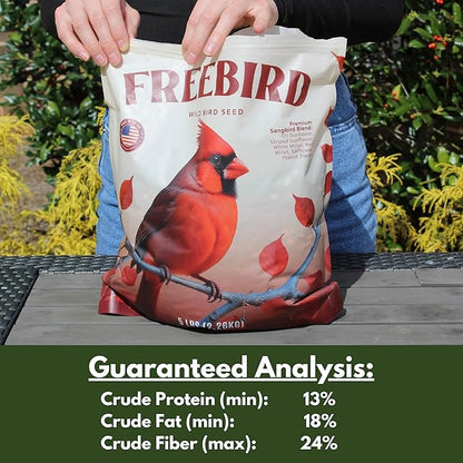 Wild Bird Seed for Outside Feeders by Freebird - Premium Songbird Blend with Sunflower, Safflower, Peanut Pieces, Red Millet and White Millet for Cardinals, Finches, and Colorful Wild Birds - 5lb Bag