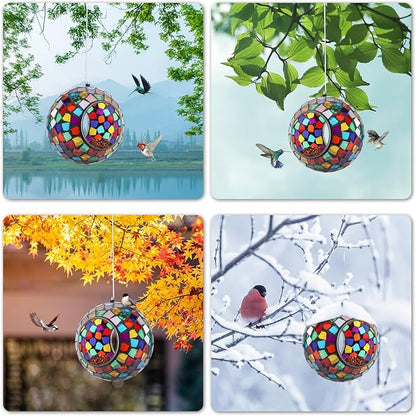 VCUTEKA Bird Feeder Mosaic Fly Through Bird Feeders for Outside Hanging with Round Shape Glass Container to Attract More Wild Birds for Garden, Yard, Backyard, Deck and Porch Decor, Polygon 7-Inch
