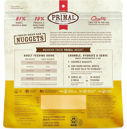 Primal Freeze Dried Raw Dog Food Nuggets, Rabbit, Complete & Balanced Meal, Also Use as Topper or Treat, Premium, Healthy, Grain Free, High Protein Raw Dog Food, 14 oz