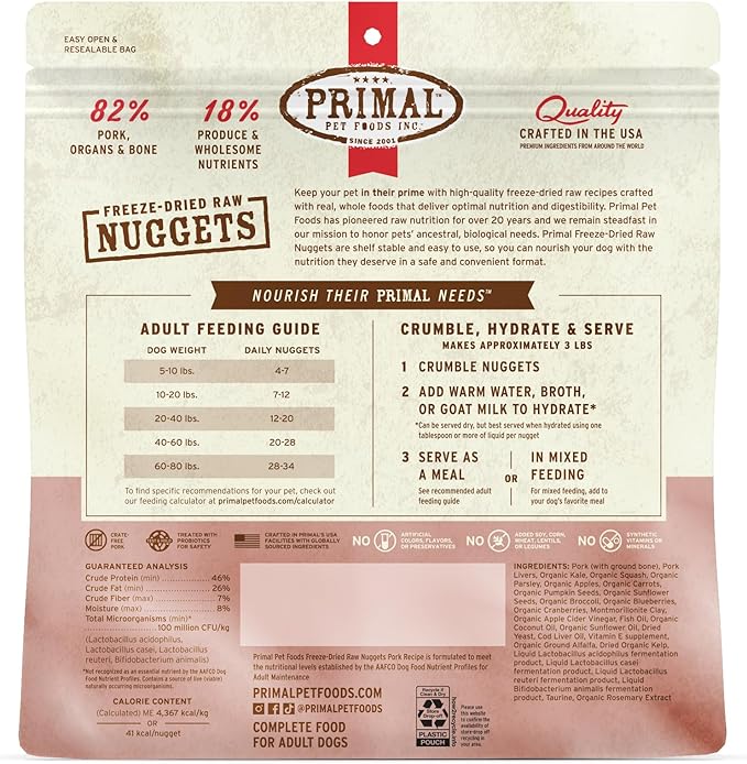 Primal Freeze Dried Raw Dog Food Nuggets, Pork, Complete & Balanced Meal, Also Use as Topper or Treat, Premium, Healthy, Grain Free, High Protein Raw Dog Food, 14 oz