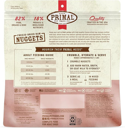 Primal Freeze Dried Raw Dog Food Nuggets, Pork, Complete & Balanced Meal, Also Use as Topper or Treat, Premium, Healthy, Grain Free, High Protein Raw Dog Food, 14 oz (Pack of 2)