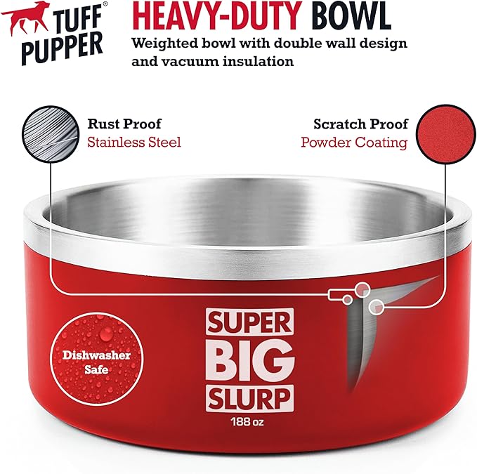 Tuff Pupper Heavy Duty Insulated Dog Bowl | Double Wall Stainless Steel Dog Food Dish | Non-Slip Spill Proof Dishwasher Safe Cat Bowl | Water Dish for Feeding Large Medium Small Pets (188oz, Red)