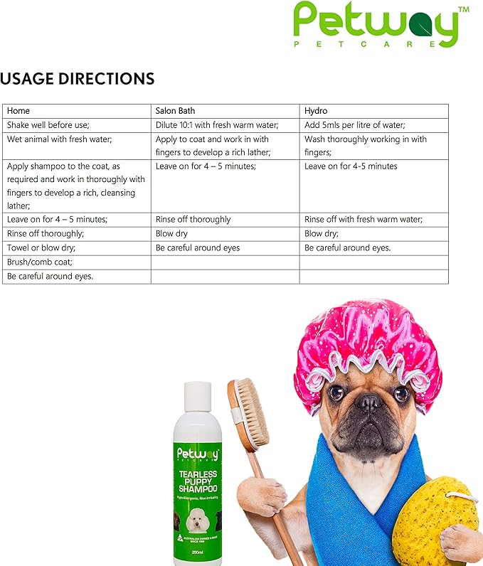Petway Petcare Tearless Puppy Shampoo for Puppies and Kittens with Sensitive Skin, Hypoallergenic, Brightens and Highlights Natural Coat Colors, Free of phosphates, Gentle on Puppies Eyes, 250ml