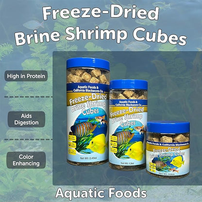 Aquatic Foods Inc. Brine Shrimp, Freeze Dried Floating Brine Cubes for Cichlids, Discus, Tetras, Goldfish, Bettas, Angel Fish, Marines, All Tropicals, Aquatic Turtles 1.3oz Canister