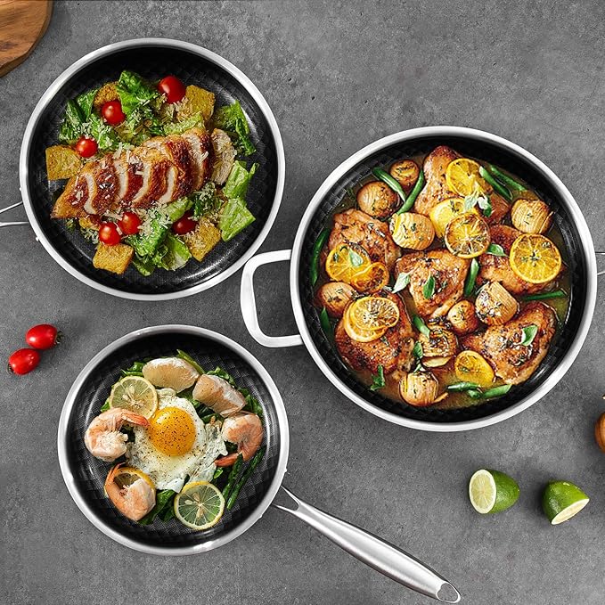 10-Inch Non Stick Frying Pans, Ceramic Coating NonStick Stainless Steel Pan Set, Tri-Ply Skillets and Pan Set with Lid, Cool-Touch Handle, Dishwasher and Oven Safe