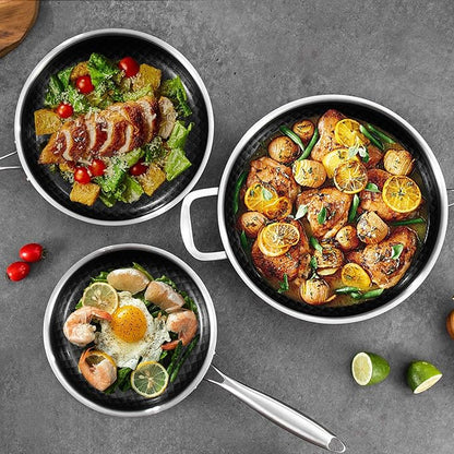 10-Inch Non Stick Frying Pans, Ceramic Coating NonStick Stainless Steel Pan Set, Tri-Ply Skillets and Pan Set with Lid, Cool-Touch Handle, Dishwasher and Oven Safe