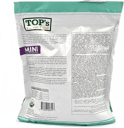 TOP's Parrot Food Mini Pellets Bird Food for Budgies, Cockatiels, Parrotlets, Lovebirds, Parakeets - Non-GMO, Peanut Soy & Corn Free, USDA Organic Certified - 1 lb