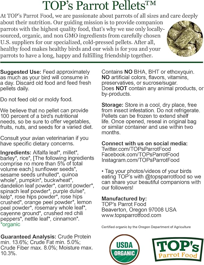 TOP's Parrot Food Pellets Hookbills, Small, Medium and Large Parrots - USDA Organic Certified - 25 lb / 11.33 kg