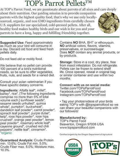 TOP's Parrot Food Pellets Hookbills, Small, Medium and Large Parrots - USDA Organic Certified - 25 lb / 11.33 kg
