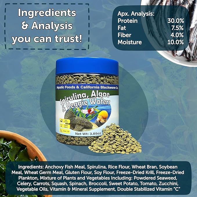 Aquatic Foods Inc. 8mm - 1/3" Small Sinking Wafers of Spirulina, Algae for Bottom Fish, Plecos, Catfish, Shrimp, Snails, Crabs, All Tropical Fish, 4-Type Wafer & 12-Type Pellet Mix Included..5oz
