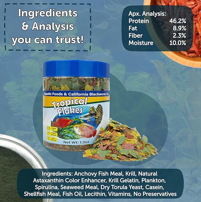 Aquatic Foods Inc. Premium Tropical Fish Flakes, for Angel Fish, Guppies, Live Bearers, Loaches, Gouramis, Cichlids, All Tropical Fish. 12-Type pellets and 4-Type Wafers Included 2.65oz Canister