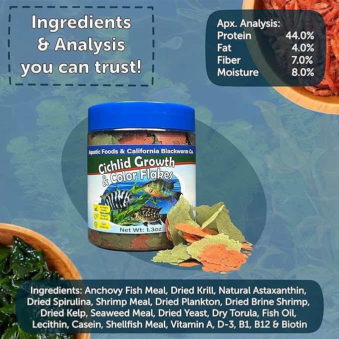 Aquatic Foods Inc. Cichlid Green Growth & Red Color Enhancing Flakes for Cichlids, Central & South American Cichlids, 4-Type Wafer Mix & 12-Type Pellet Mix Included...2.65oz Canister