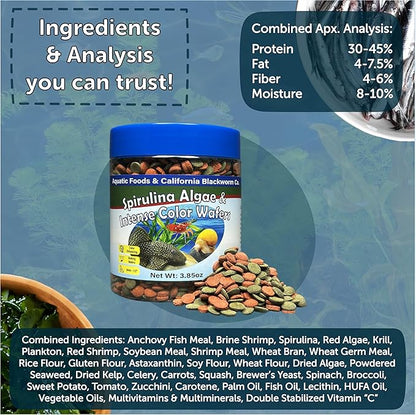 Aquatic Foods Inc. 8mm - 1/3" Small Sinking Wafers of Spirulina, Algae & Color Enhancing Wafers for Bottom Fish, Shrimp, Snails, All Tropical Fish. 4-Type Wafer & 12-Type Pellet Mix Included..12oz
