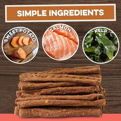 Sweet Potato Dog Treats - Grain Free, Salmon & Kelp Crunchy Sticks - Great Tasting, Promotes Positive Dog Gut Health with Natural Anti-Diarrhea Properties, No Preservatives Added (14oz)