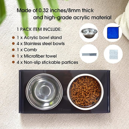 Tilted Raised Elevated Food and Water Bowls Stand for Cat or Small Dogs - Puppy's Clear Acrylic Stainless Steel Dishes Holder for Boy or Girl Pet,Modern,Durable and Easy to Clean by WBhonghui (Grey)