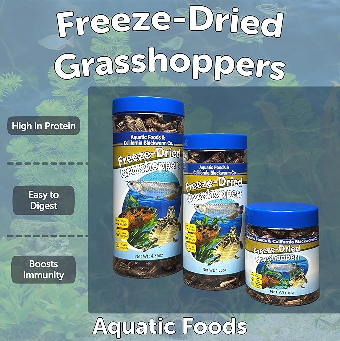 Aquatic Foods Inc. Grasshoppers, Freeze Dried Grasshoppers for Large Tropical Fish, Monster Fish, Reptiles, Turtles, Tortoises, Frogs, Hamsters, Birds, Rodents 1.0oz Canister