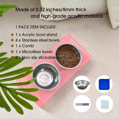 Tilted Raised Elevated Food and Water Bowls Stand for Cat or Small Dogs - Puppy's Clear Acrylic Stainless Steel Dishes Holder for Boy or Girl Pet,Modern,Durable and Easy to Clean by WBhonghui (Pink)