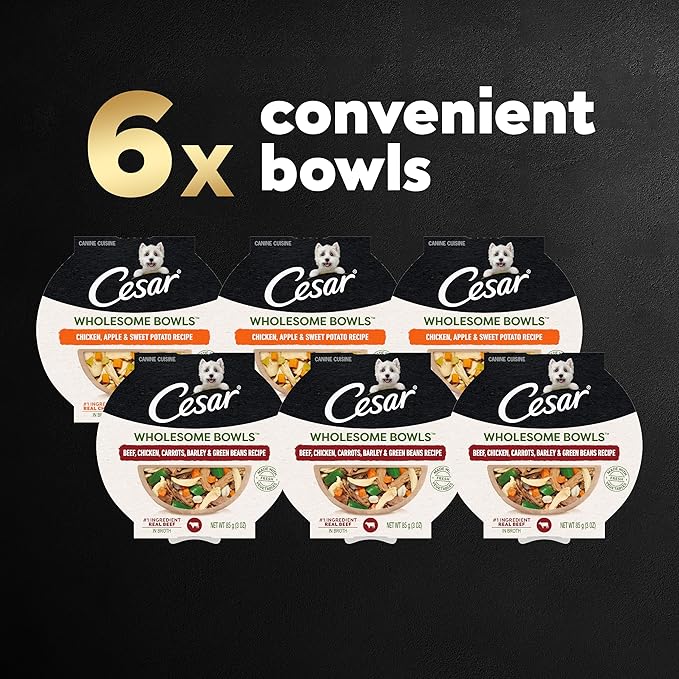 [Cesar] Beef, Chicken, Carrots, Barley & Green Beans Recipe and Chicken, Apple & Sweet Potato Recipe Variety Pack 3 oz (6 Count, Pack of 1)