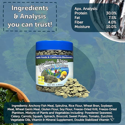 Aquatic Foods Inc. 8mm - 1/3" Small Sinking Wafers of Spirulina, Algae for Bottom Fish, Plecos, Catfish, Shrimp, Snails, Crabs, All Tropical Fish, 4-Type Wafer & 12-Type Pellet Mix Included...10oz